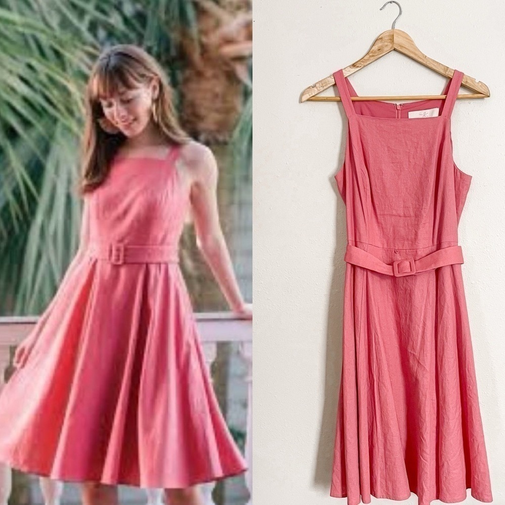 Gal Meets Glam | Ruth Belted Fit‎ & Flare Dress in Rosemist,  linen blend, 10P